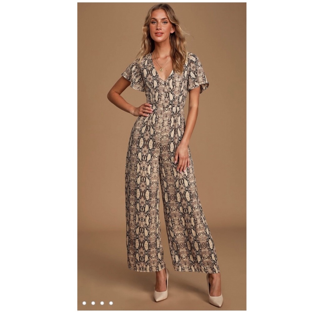 Lulu’s It Girl Tan SnakePrint Wide-Leg Jumpsuit